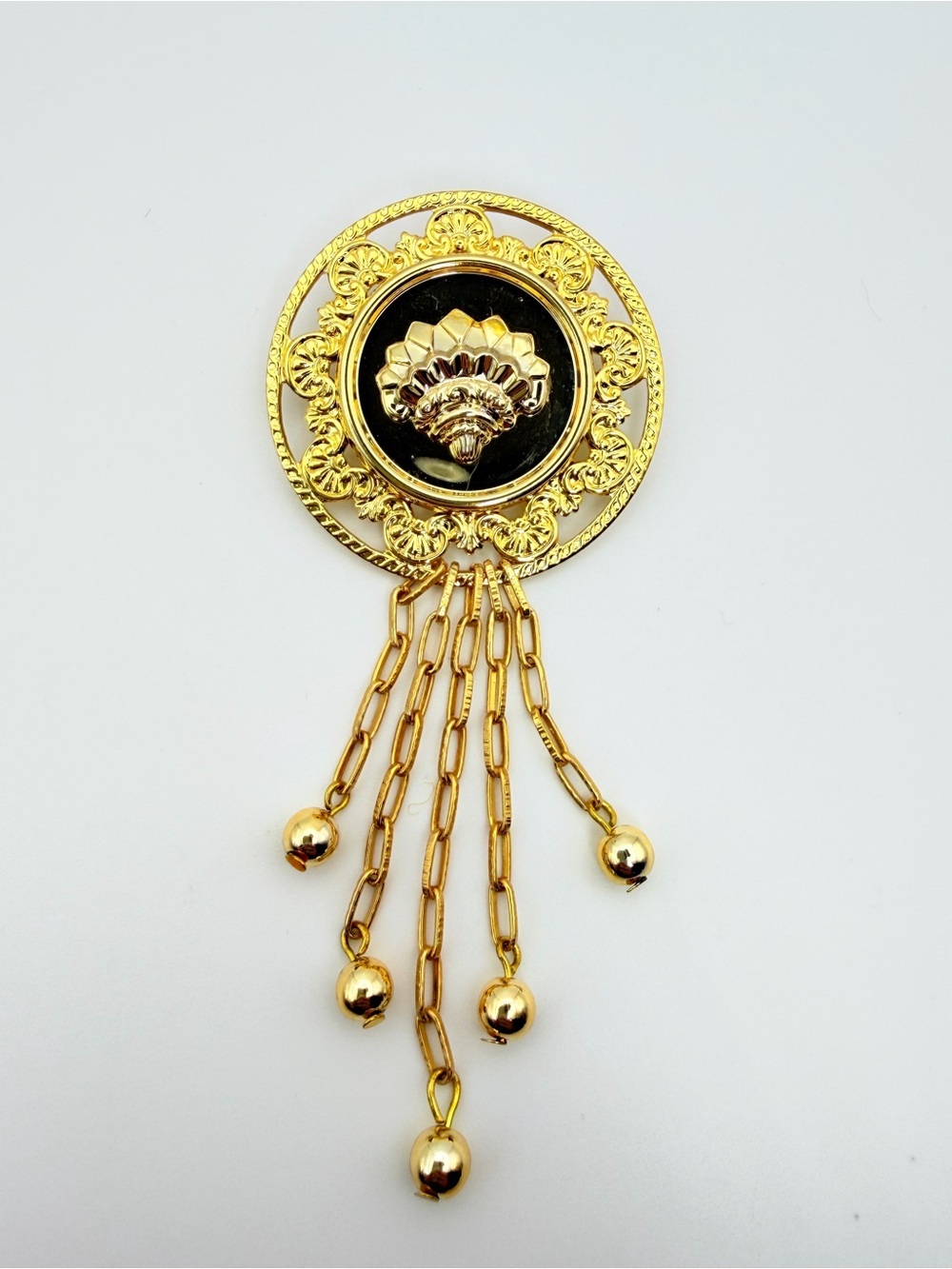 Vintage Gold Tone Dangle Brooch Ornate Chain Fringe Pin